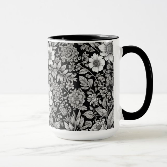 Mug Fleurs et feuilles noirs et blancs (Droite)