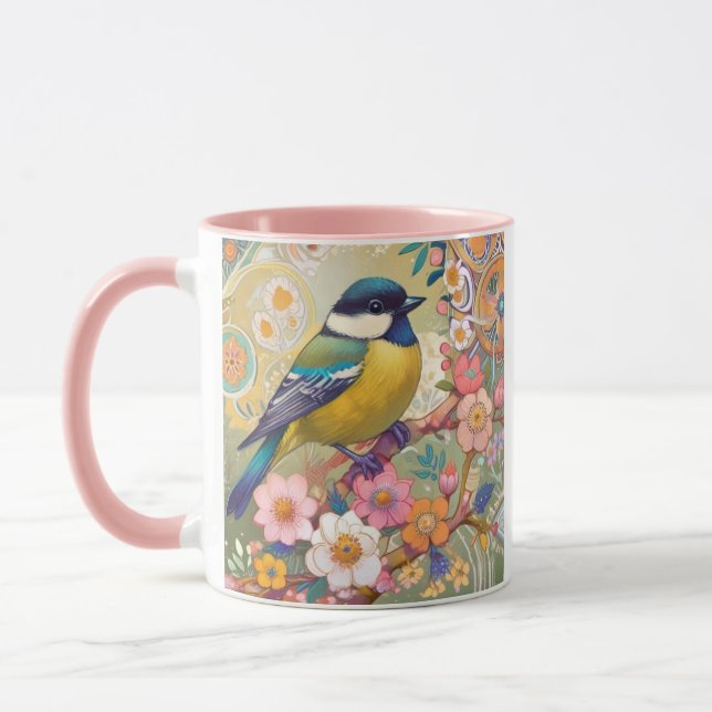 Mug Fleurs florales colorées d'Oiseau de Chickadee Gre (Gauche)
