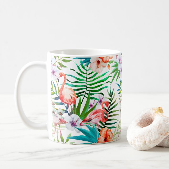Mug Fleurs florales tropicales de Flamant rose rose (Avec donut)