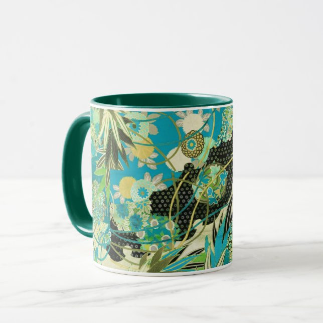 Mug FLEURS JAPONAISES ANCIENNES Aqua Blue Green Floral (Devant gauche)
