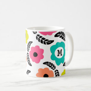 Mug Fleurs lumineuses modernes et monogramme à feuille
