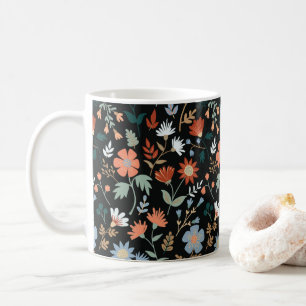 Mug Fleurs modernes Feuille Noir Orange Bleu Floral