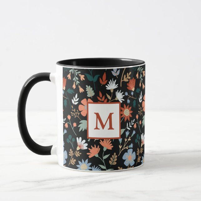 Mug Fleurs modernes Feuille noir orange bleu Monogramm (Gauche)