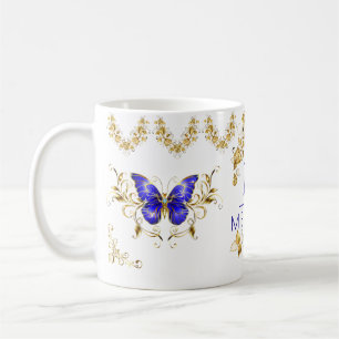 Mug Fleurs modernes papillons bleu & or monogrammed
