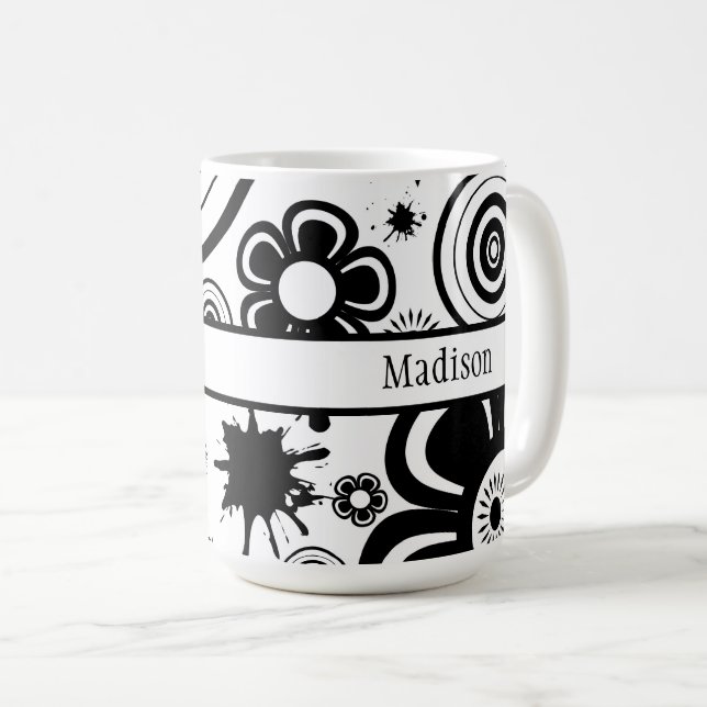 Mug Fleurs noires et blanches, Anneaux, Motif de cils (Devant droit)