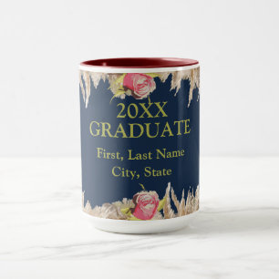 Mug Fleurs personnalisées bleu et or, Remise des diplô