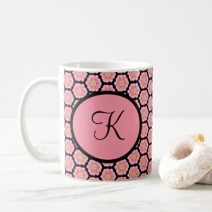 Mug Fleurs rose et noir personnalisées avec monogramme