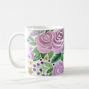 Mug Fleurs roses aquarelle roses feuilles vertes blanc