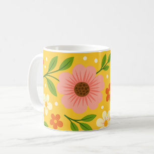 Mug Fleurs roses, crème et orange avec des feuilles ve