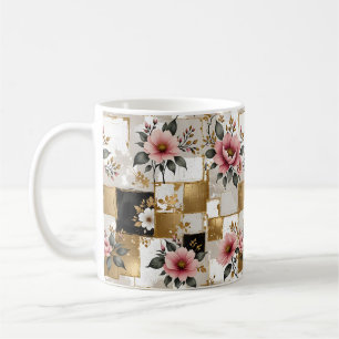 Mug Fleurs roses et blanches sur Carrés or et noir