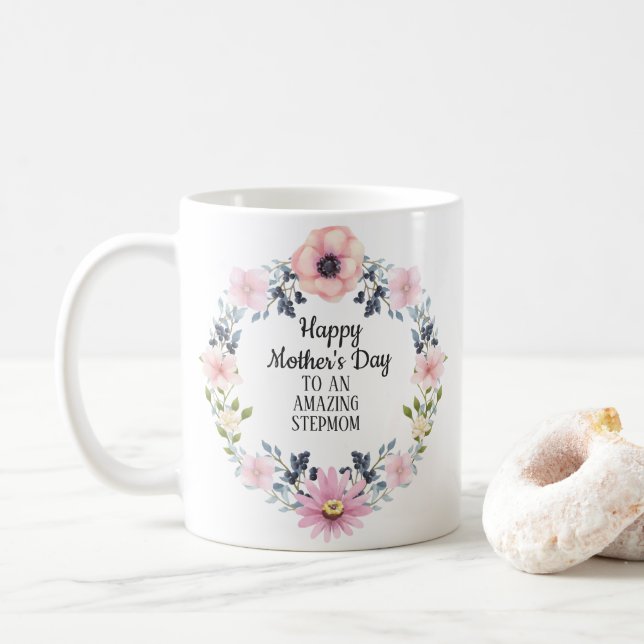 Mug Fleurs roses et bleues Bonne fête des Mères-Belle- (Avec donut)