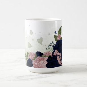 Mug fleurs roses et bleues marine verdure 