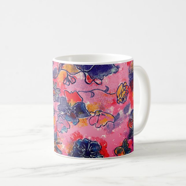 Mug Fleurs roses et violettes Jardin Aquarelle origina (Devant droit)