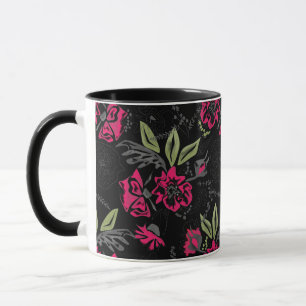 Mug Fleurs roses florales vert feuille croquis
