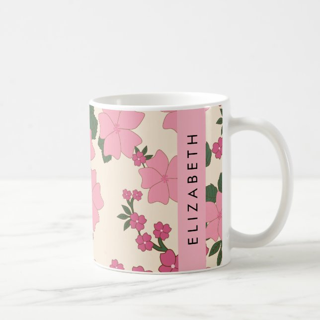 Mug Fleurs Roses, Motif De Fleurs, Votre Nom (Droite)