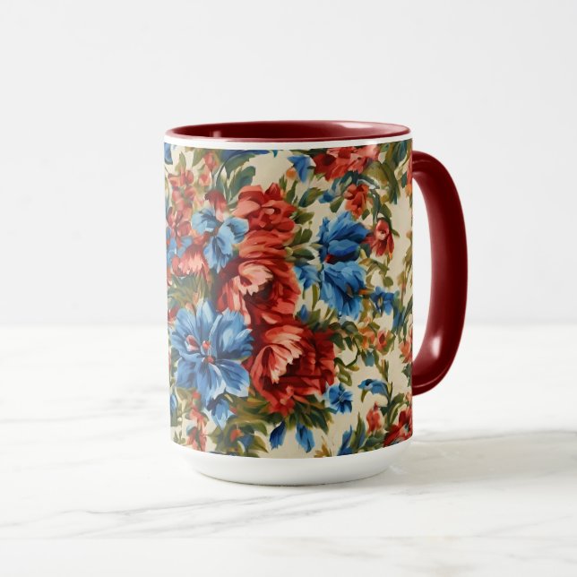 Mug Fleurs rouges et bleues italiennes avec Feuilles l (Devant droit)