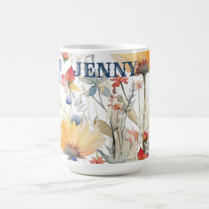 Mug Fleurs Sauvages Bohème Bleu Or Personnalisé