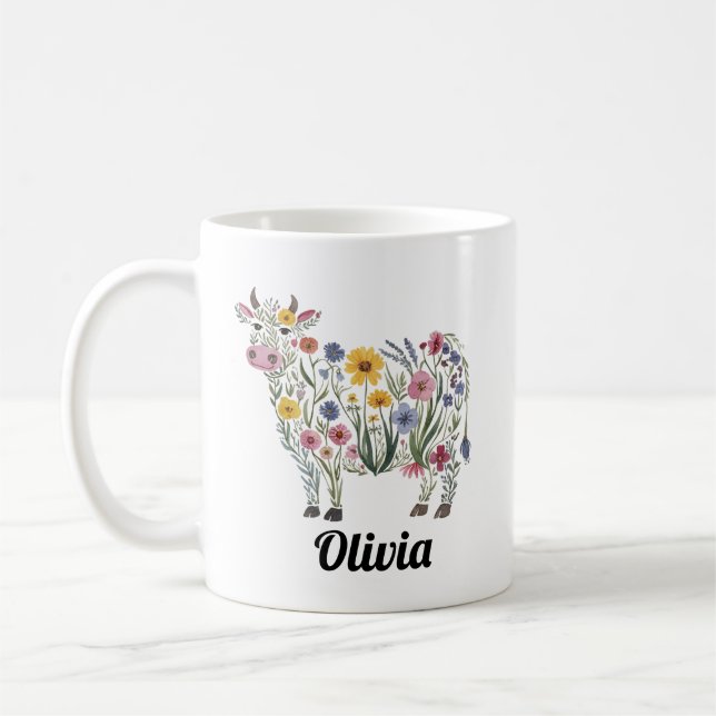Mug Fleurs sauvages d'aquarelle en forme de Vache mign (Gauche)