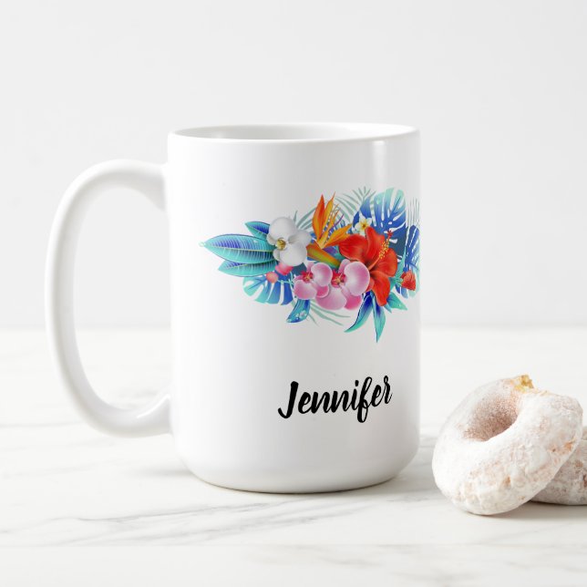 Mug Fleurs tropicales exotiques - Rose & Aqua (Avec donut)