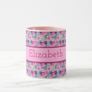 Mug Fleurs tropicales rose vert bleu Monogramme 