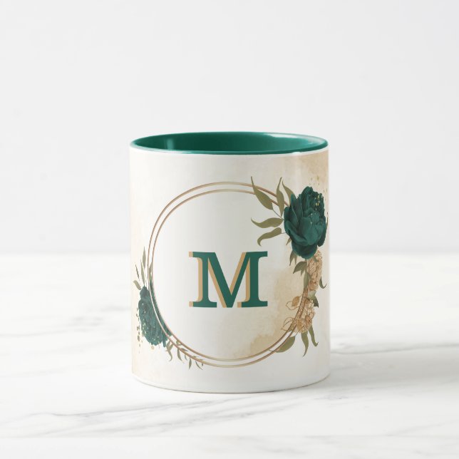 Mug fleurs vert émeraude et or beige (Centre)
