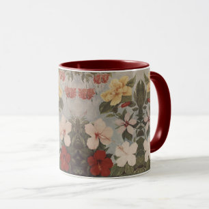 Mug Fleurs vintages d'Hibiscus Floral rouge rose jaune