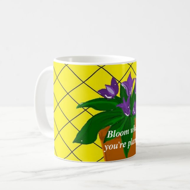Mug Fleurs Violettes en Pot avec Citation (Devant gauche)