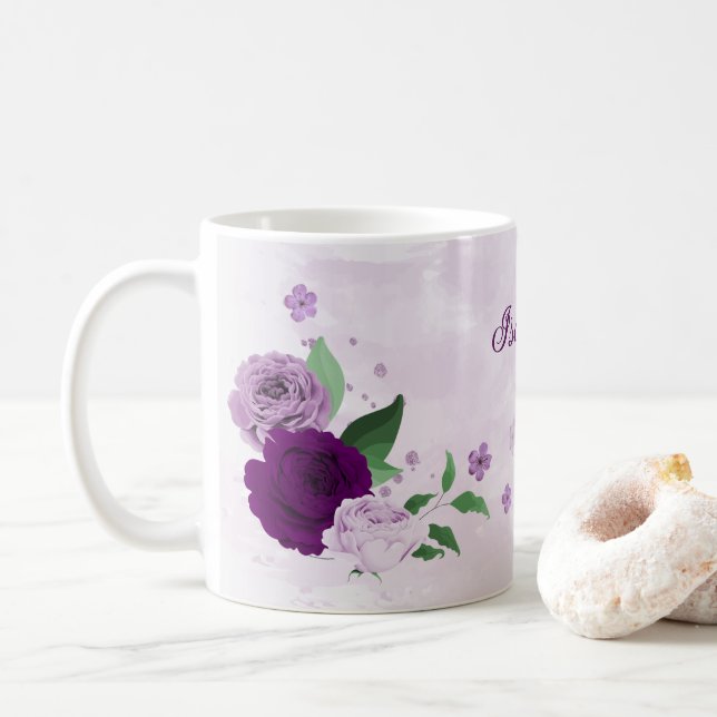 Mug Fleurs violettes romantiques verdure  (Avec donut)