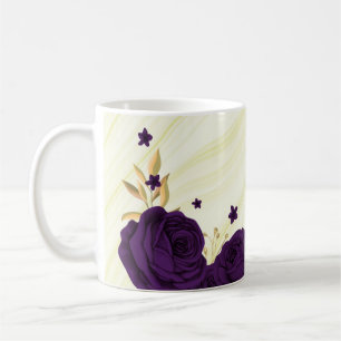Mug fleurs violettes royales feuilles dorées marbre