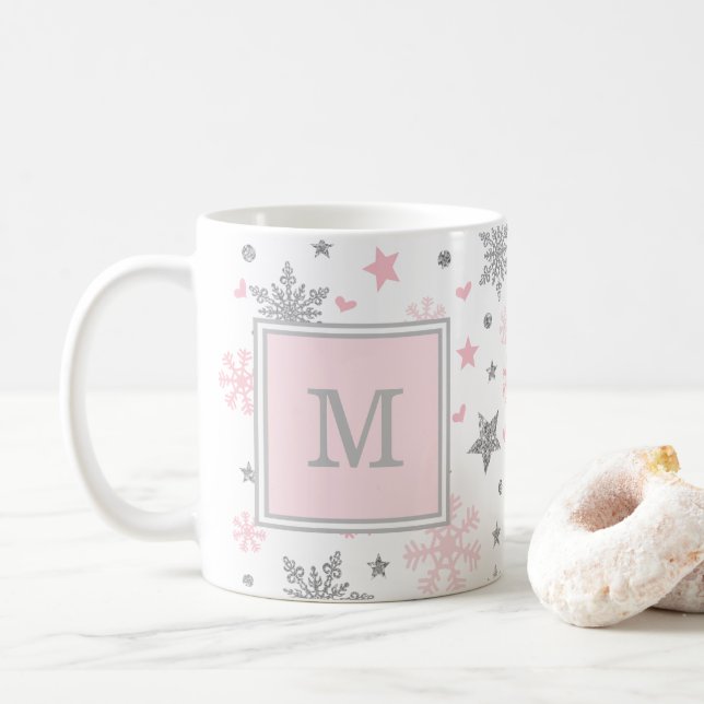 Mug Flocons de neige d'hiver de monogramme/vacances (Avec donut)