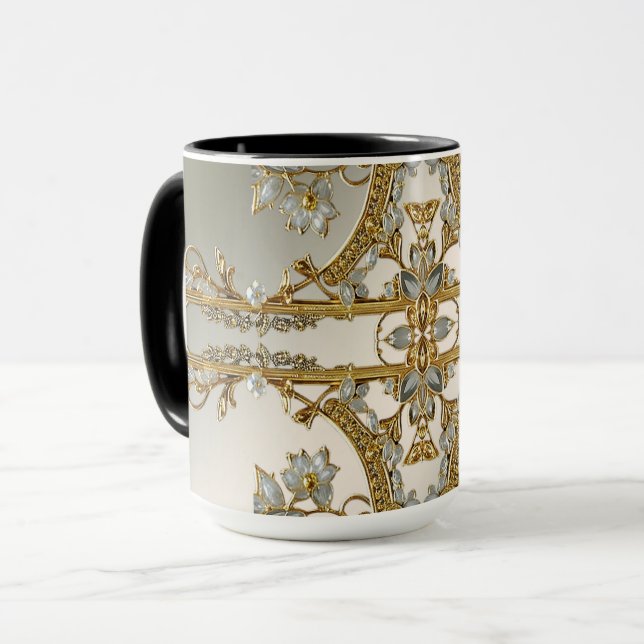 Mug floral blanc orné d'or (Devant gauche)