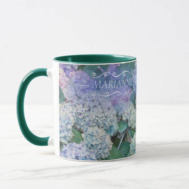 Mug Floral Blue Hydrangea Monogramme Nom Script (Gauche)