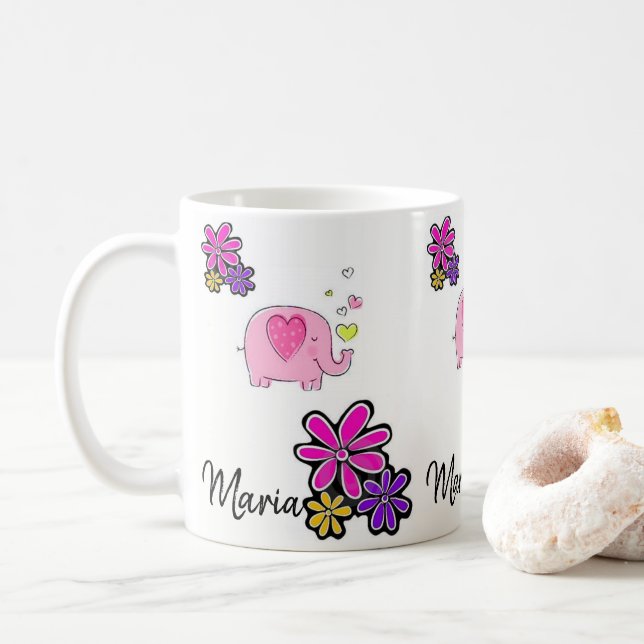 Mug floral d'éléphant rose (Avec donut)