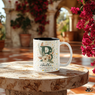 Mug Floral Élégant Bohème avec Monogramme pour Bel