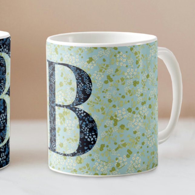 Mug Floral Elegant Classy Monogramme B bleu avec phras (Créateur téléchargé)