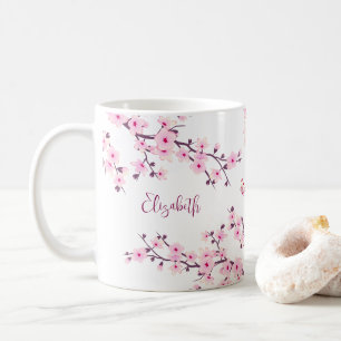 Mug Floral Fleur de cerisier Monogramme rose blanc