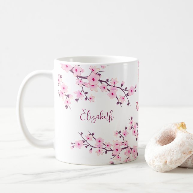 Mug Floral Fleur de cerisier Monogramme rose blanc (Avec donut)