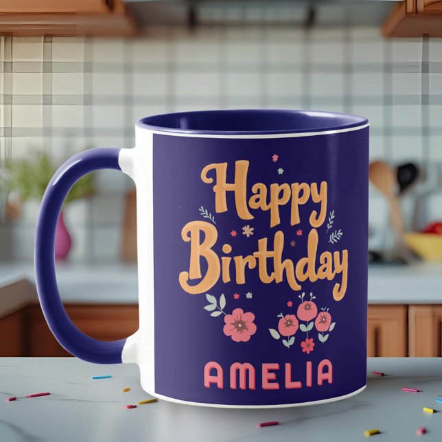Mug Floral Flowers Happy Birthday Handlettering (Créateur téléchargé)