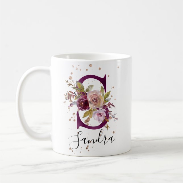 Mug Floral Maroon Blush Ajouter Nom Lettre S Monogramm (Gauche)