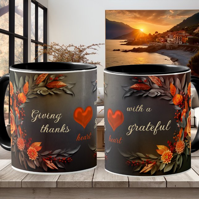 Mug Floral Merci Grateful Heart Chalkboard (Mug with a floral design on chalkboard with an optional heart - Thanksgiving - teacher appreciation)