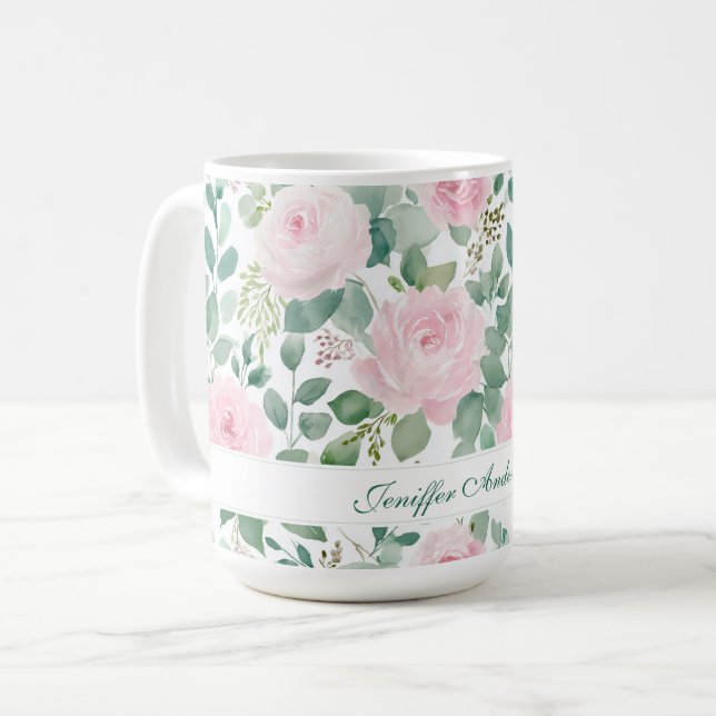 Mug Floral Pink Rose with Custom Name (Devant gauche)