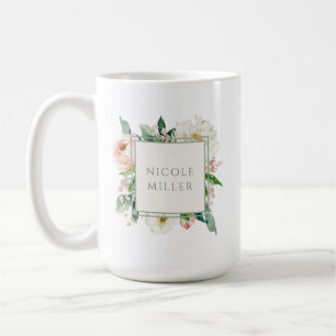 Mug Floral rose et blanc avec nom
