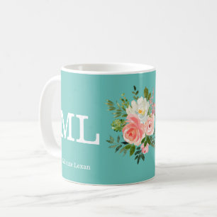 Mug Floral rose et Monogramme Turquoise 