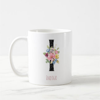 Mug Floral Watercolor H Monogram Name Black Polka Dot 