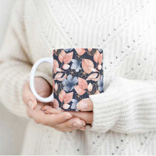 Mug Flore Bleue, Pêche & Or Art Botanique Élégant