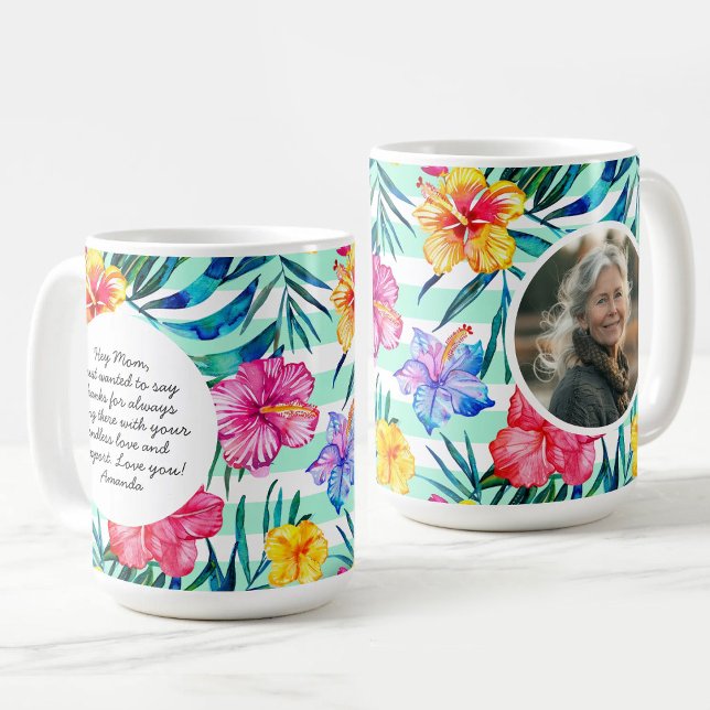 Mug Flore tropicale | Aqua Stripe | Photo de la Fête d (Tropical Floral | Aqua Stripe | Mother's Day Photo Coffee Mug)