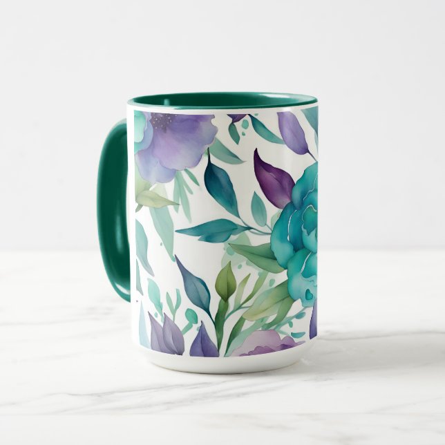 Mug Flores d'aquarelle bleu Rose pourpre (Devant gauche)