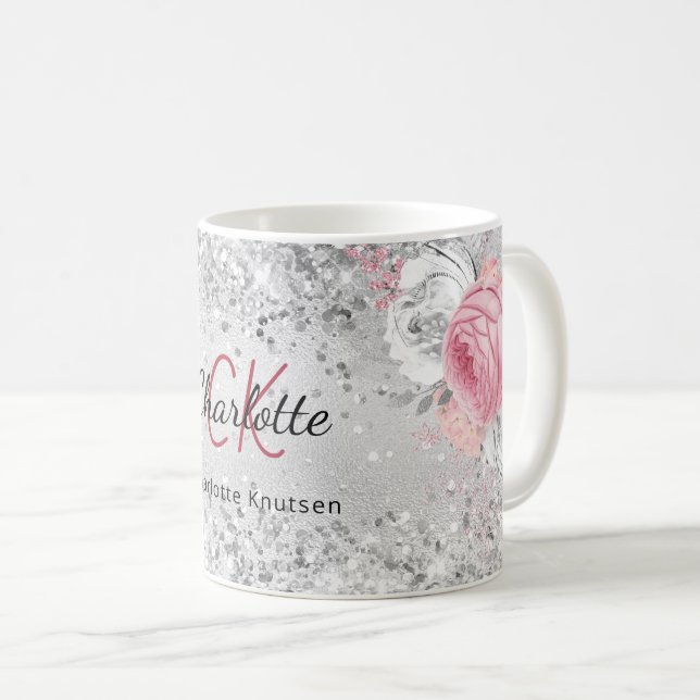 Mug Flores rose argent élégant nom monogramme (Devant droit)