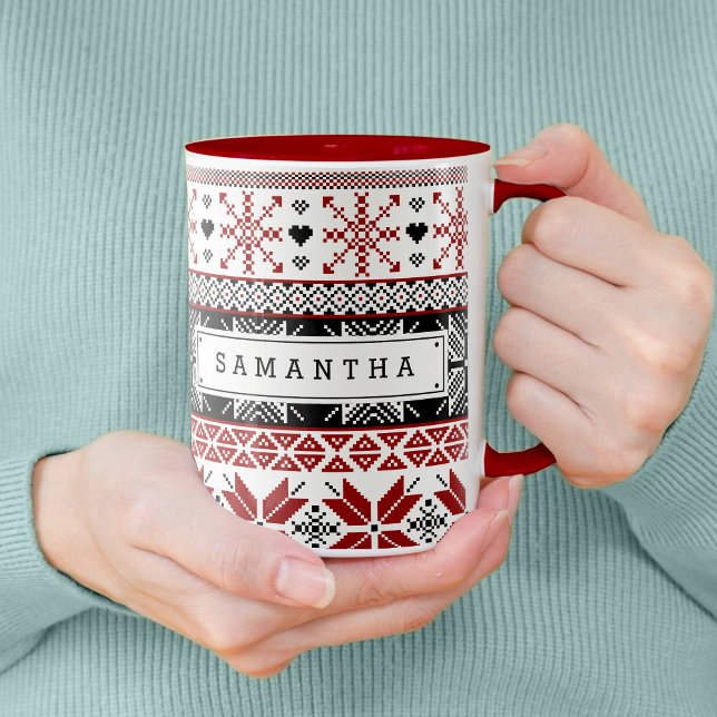 Mug Foire d'hiver rouge et noir Motif de l'île (Winter Fair Isle Pattern with Custom Name Tall Mug)