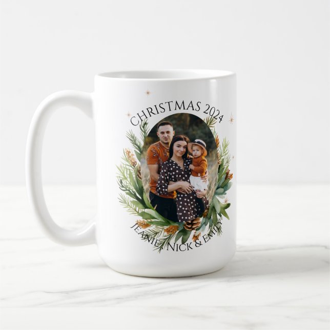 Mug Foliage Vert Feuilles Famille Photo Joyeux Noël (Gauche)